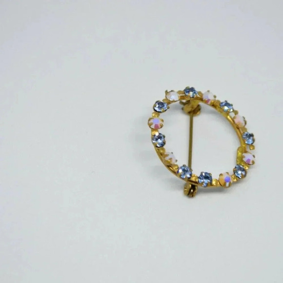 AUSTRIA Signed Blue Glass Rhinestone Brooch - Picture 2 of 5